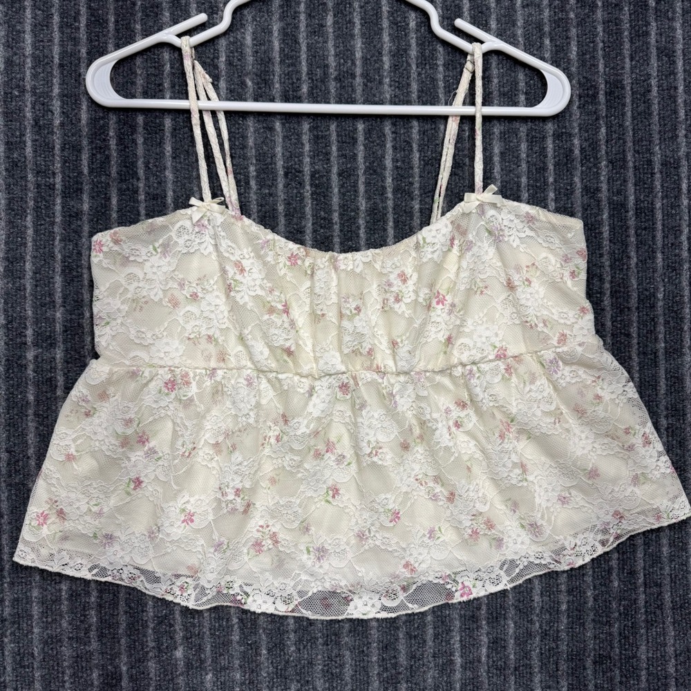 La Peche Womens L Cream Floral Lace Babydoll Coquette Cami Top (2399)